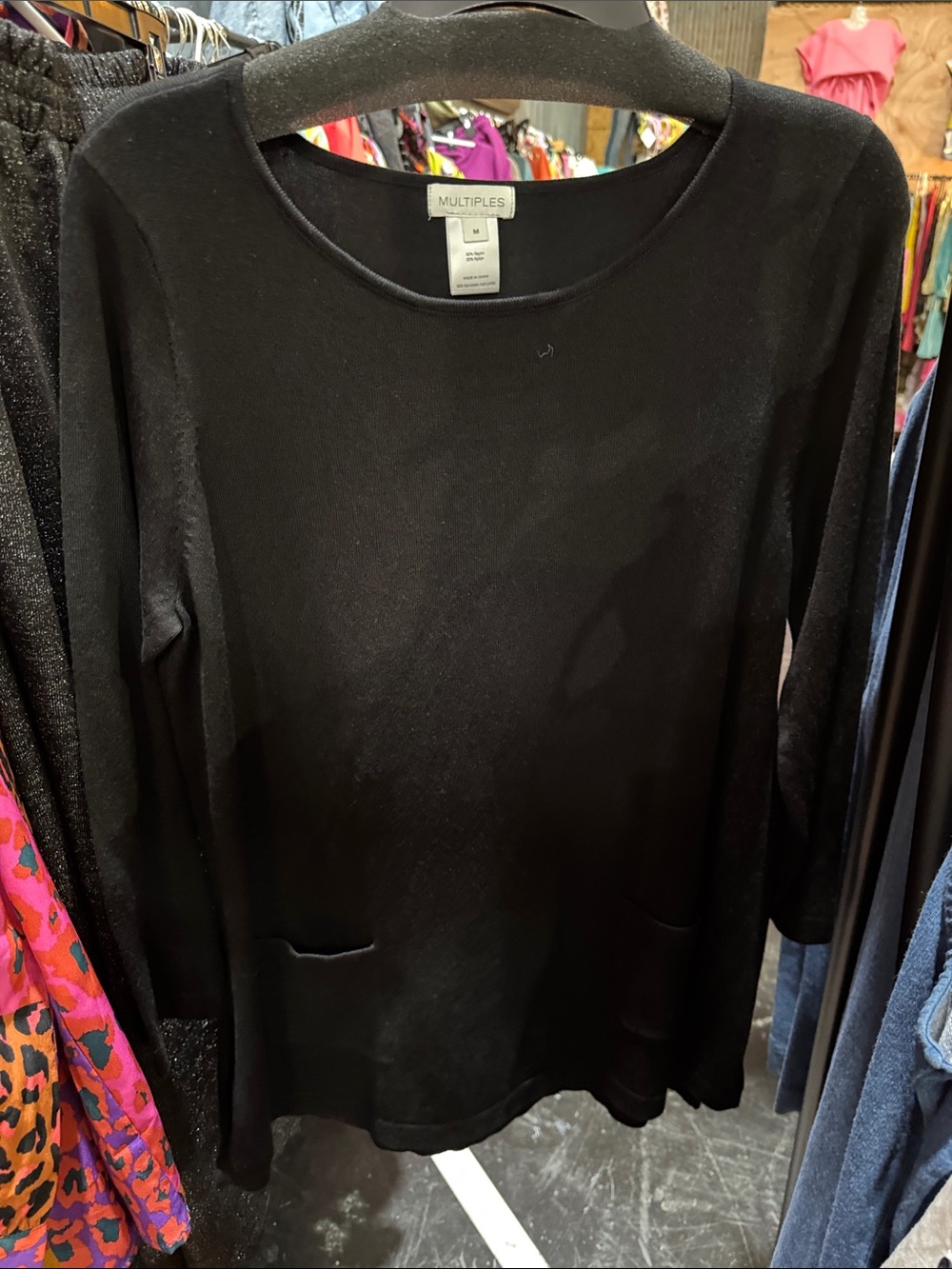 Multiples Black Scoop Neck Long Sleeve Tunic with Front Pockets
